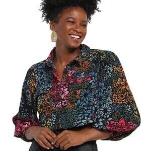 Farm Rio Floral Top Womens Medium Black Colorful Button Cropped Tropical